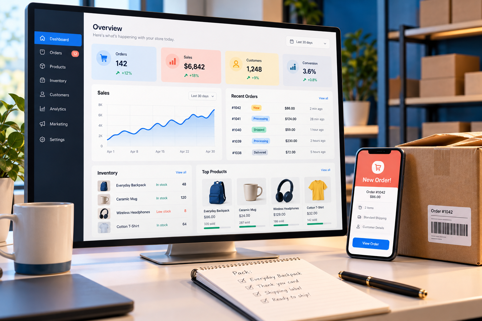 Panel para administrar pedidos, inventario, productos y ventas