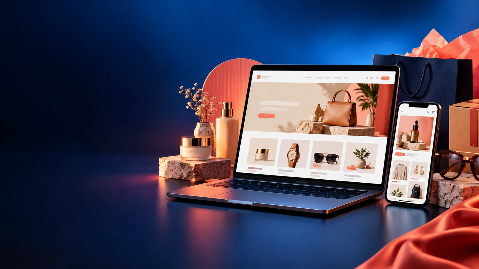 Online store displayed on laptop and phone